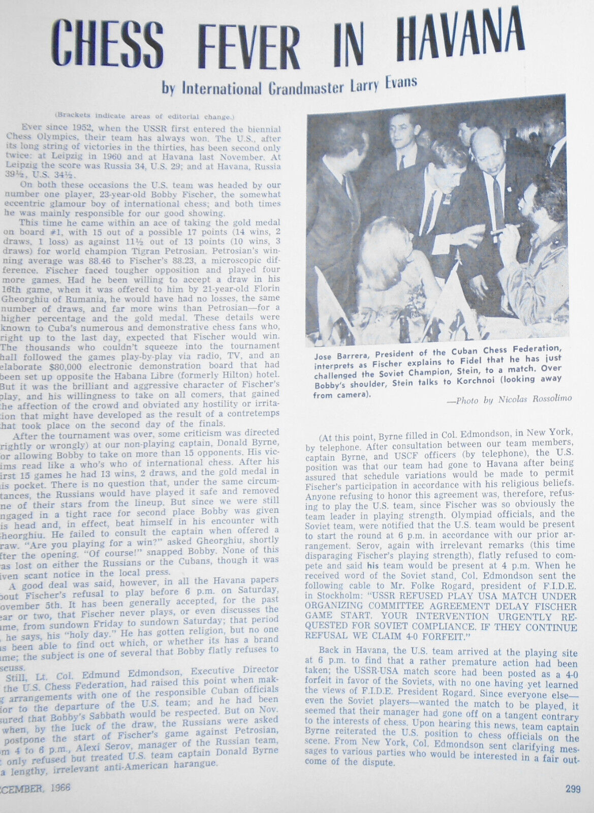 Chess Life, December 1966 - Bobby Fischer with Fidel Castro - challenges Stein