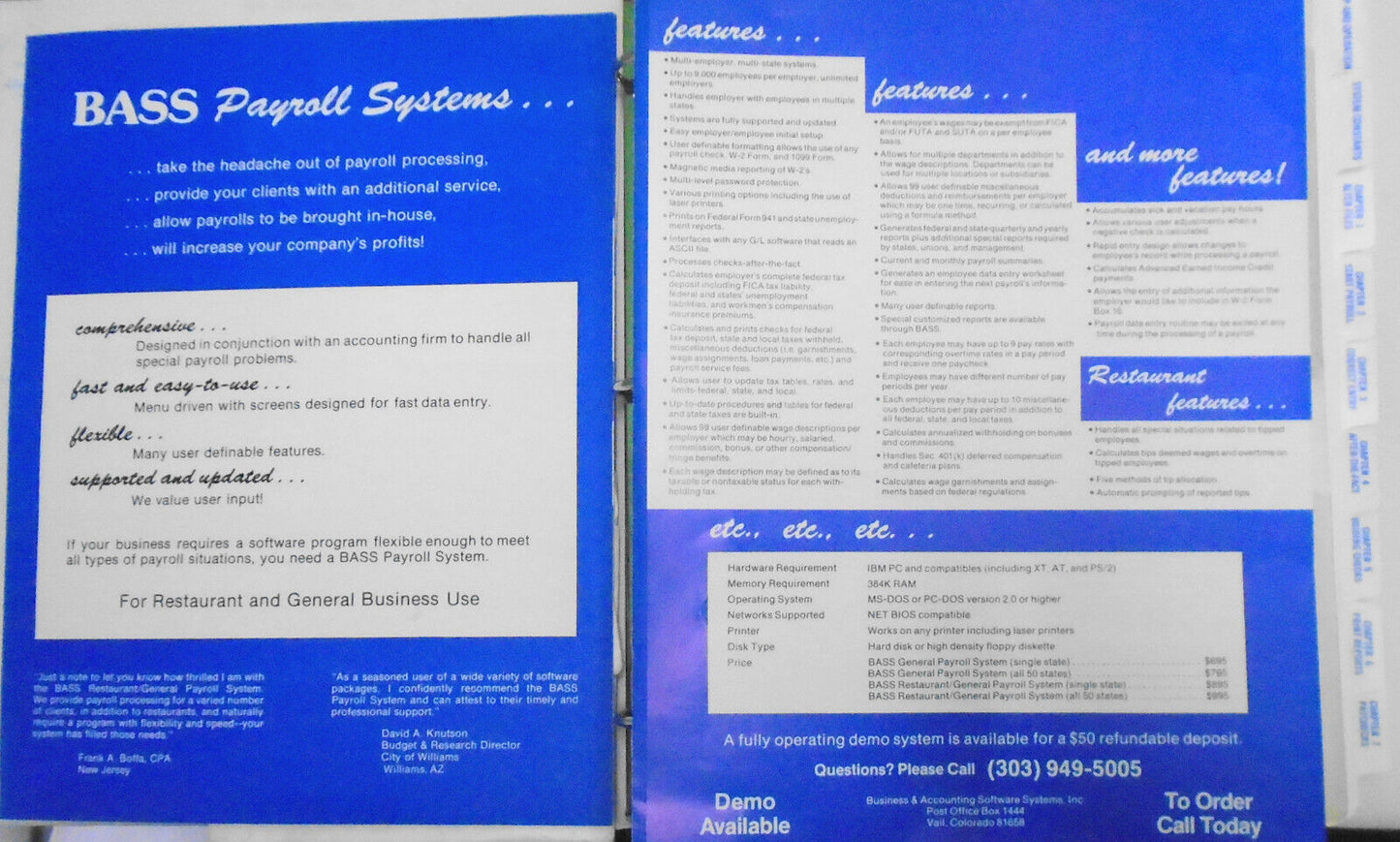 BASS Payroll System, 1988 - for restaurants & general use. IBM PCs 5 1/4" disks.