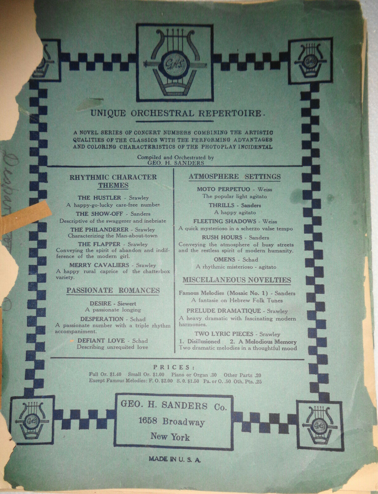 DESPERATION - ROMANZA APPASSIONATA, by Walter C Schad. 1925 orchestra score