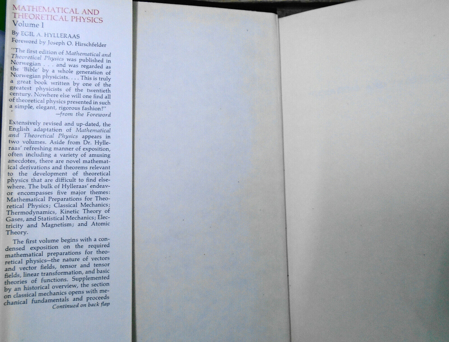 Mathematical and Theoretical Physics, Vol. 1, by Egil A Hylleraas 1st ed HC 1970