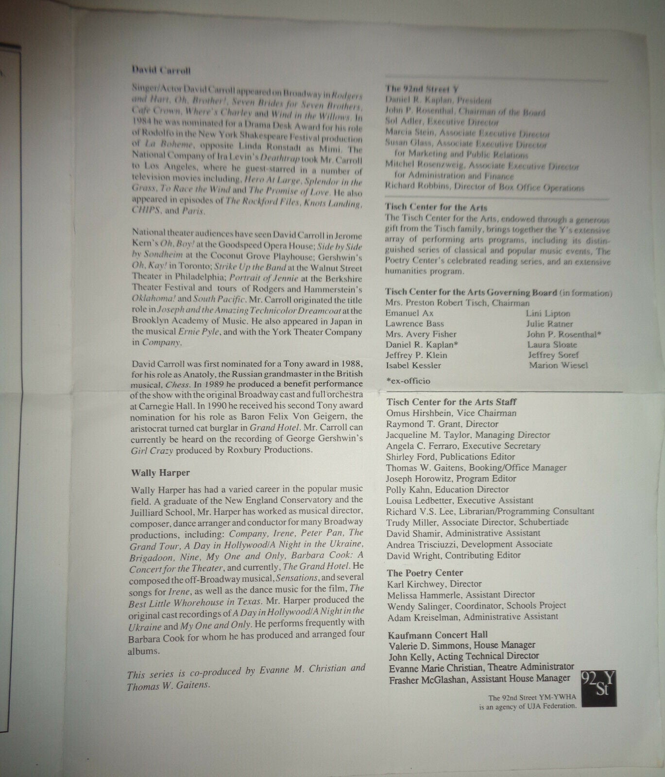 DAVID CARROLL with WALLY HARPER, PIANO - PROGRAM, 92nd ST. Y, FEB 15, 1992