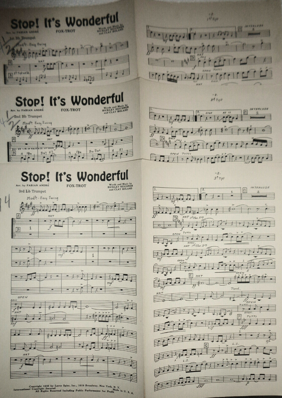 Stop! It's wonderful, by Bickley Reichner and Clay Boland. 1939 orchestra score