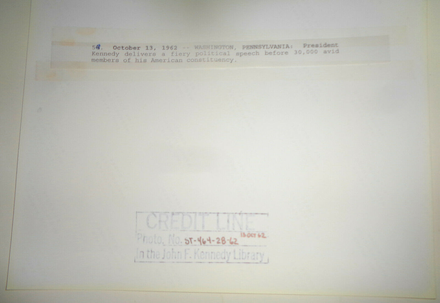 1962 President Kennedy Photo: Washington, PA : Fiery speech to 30,000