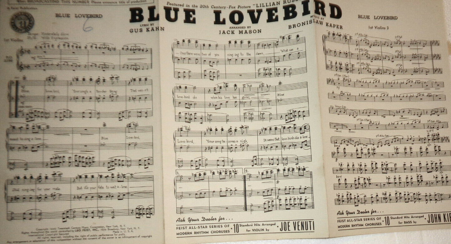 BLUE LOVEBIRD, by Gus Kahn, Bronislaw Kaper - 1940 Sheet music for orchestra
