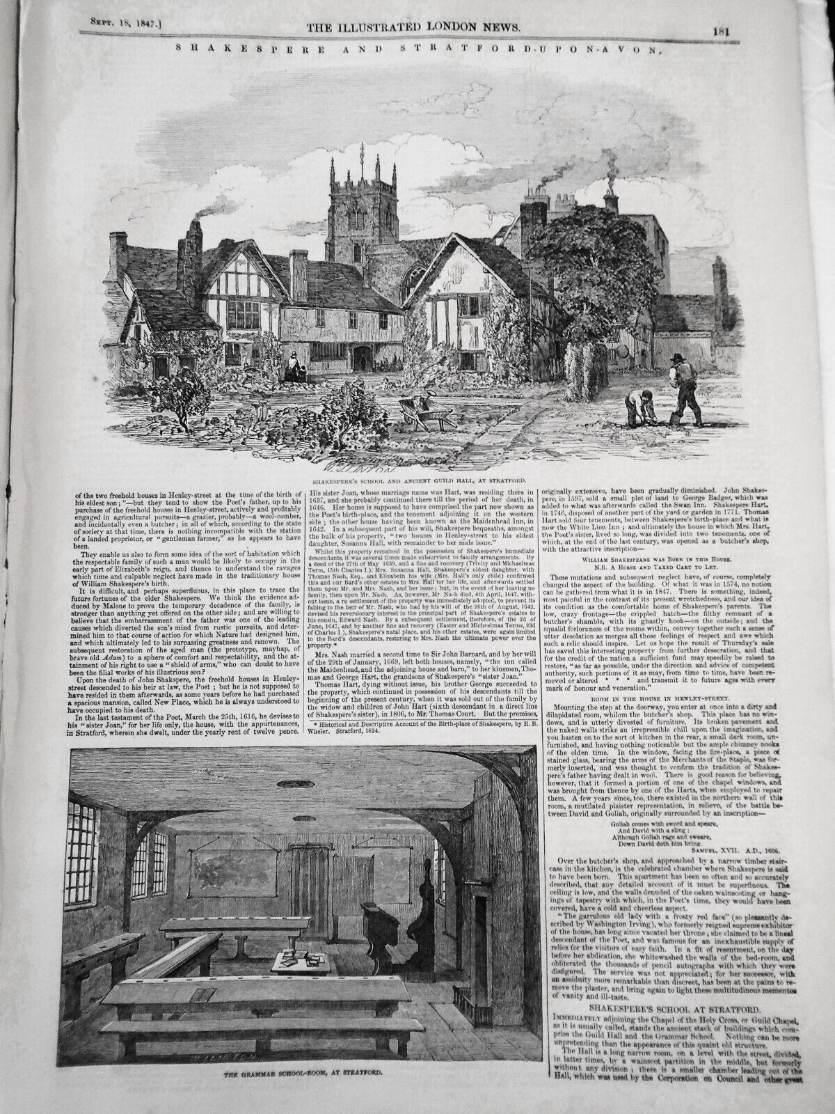 Illustrated London News, September 18, 1847 -  Shakespeare & Stratford Upon Avon