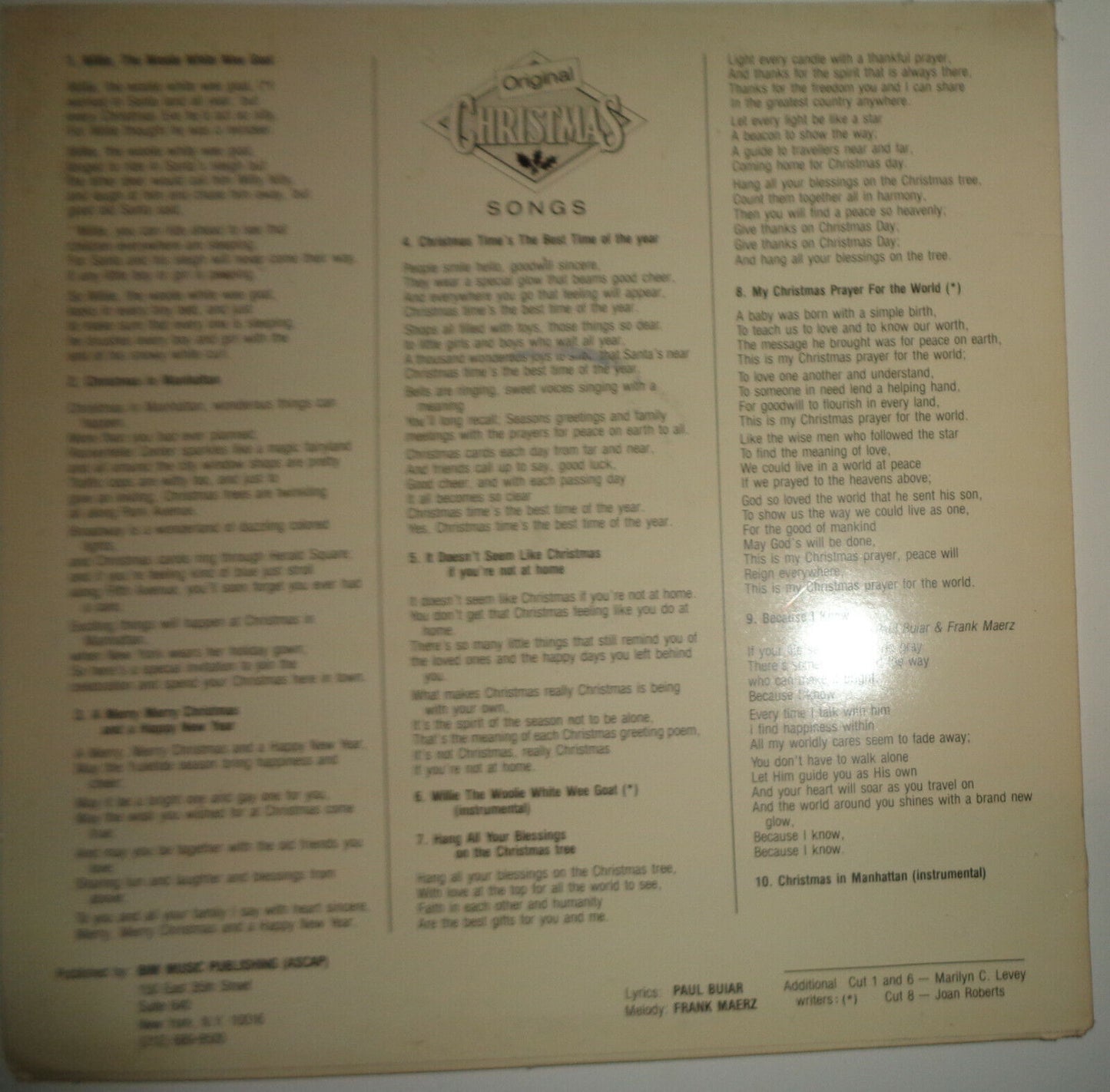 Original Christmas Songs LP - Paul Buiar (lyrics); Frank Maerz (music). BIM Musi
