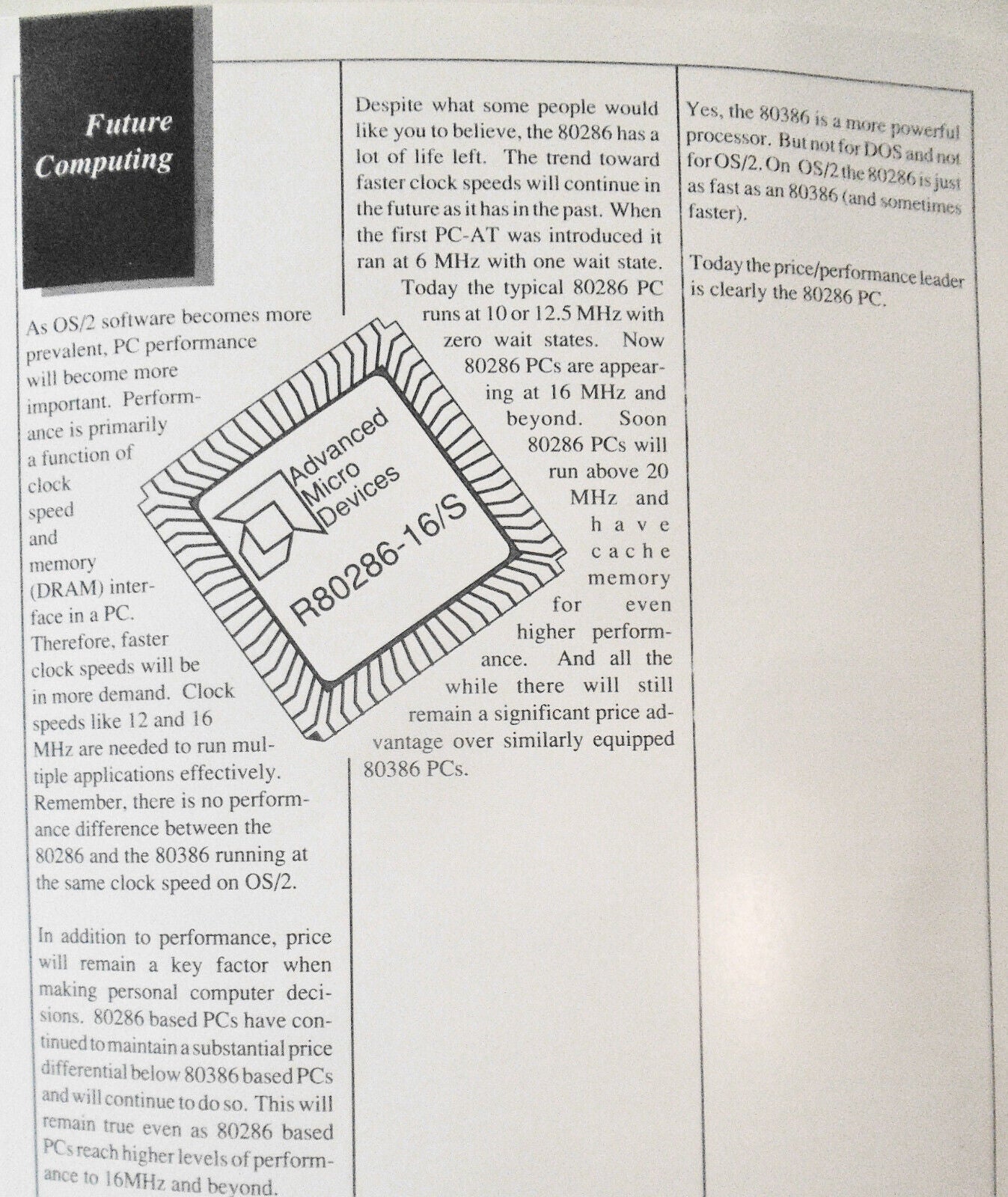 Personal Computer Decisions 1988 brochure by Advanced Micro Devices. 286 vs 386