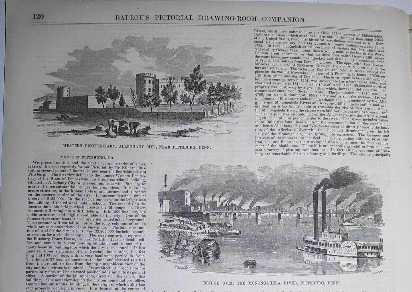 Views in Pittsburg, PA - Story & 6 Prints - Ballou's Pictorial February 21, 1857