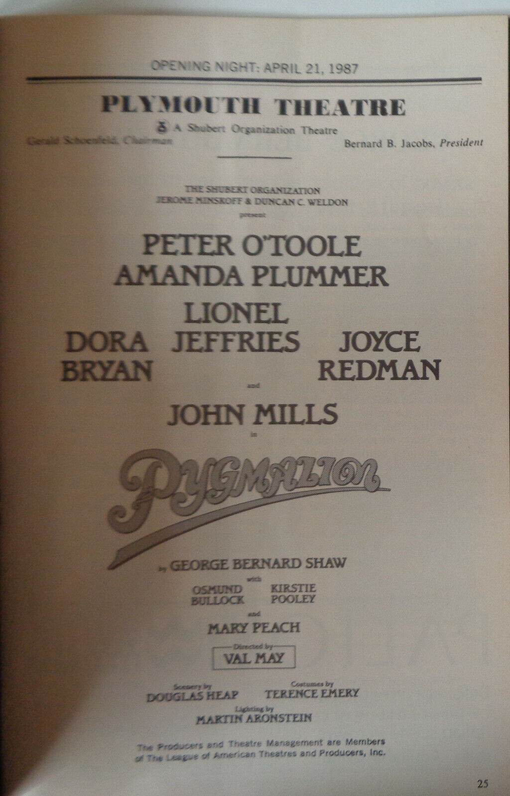 PYGMALION - PLAYBILL - OPENING NIGHT: APRIL 21, 1987. Peter O'toole, Amanda Plum