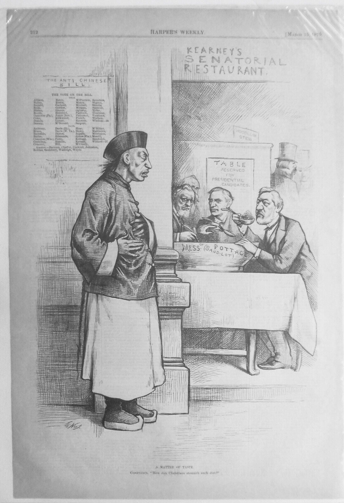 [Chinese Exclusion] A Matter of Taste, by Thomas Nast. Harper's Weekly 1879