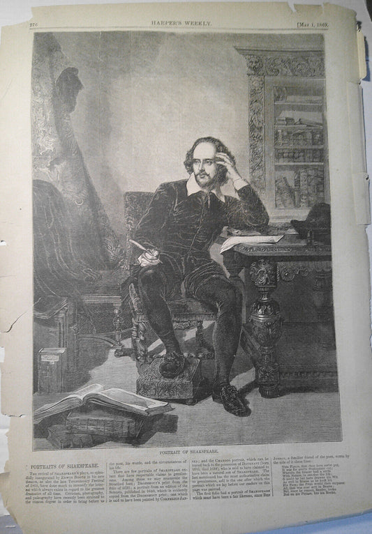 "Portrait Of Shakspeare"  - original print from Harper's Weekly, May 1, 1869