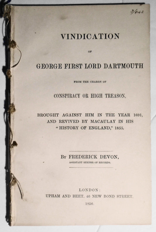 1856 Vindication of George, first Lord Dartmouth, from charge of high treason