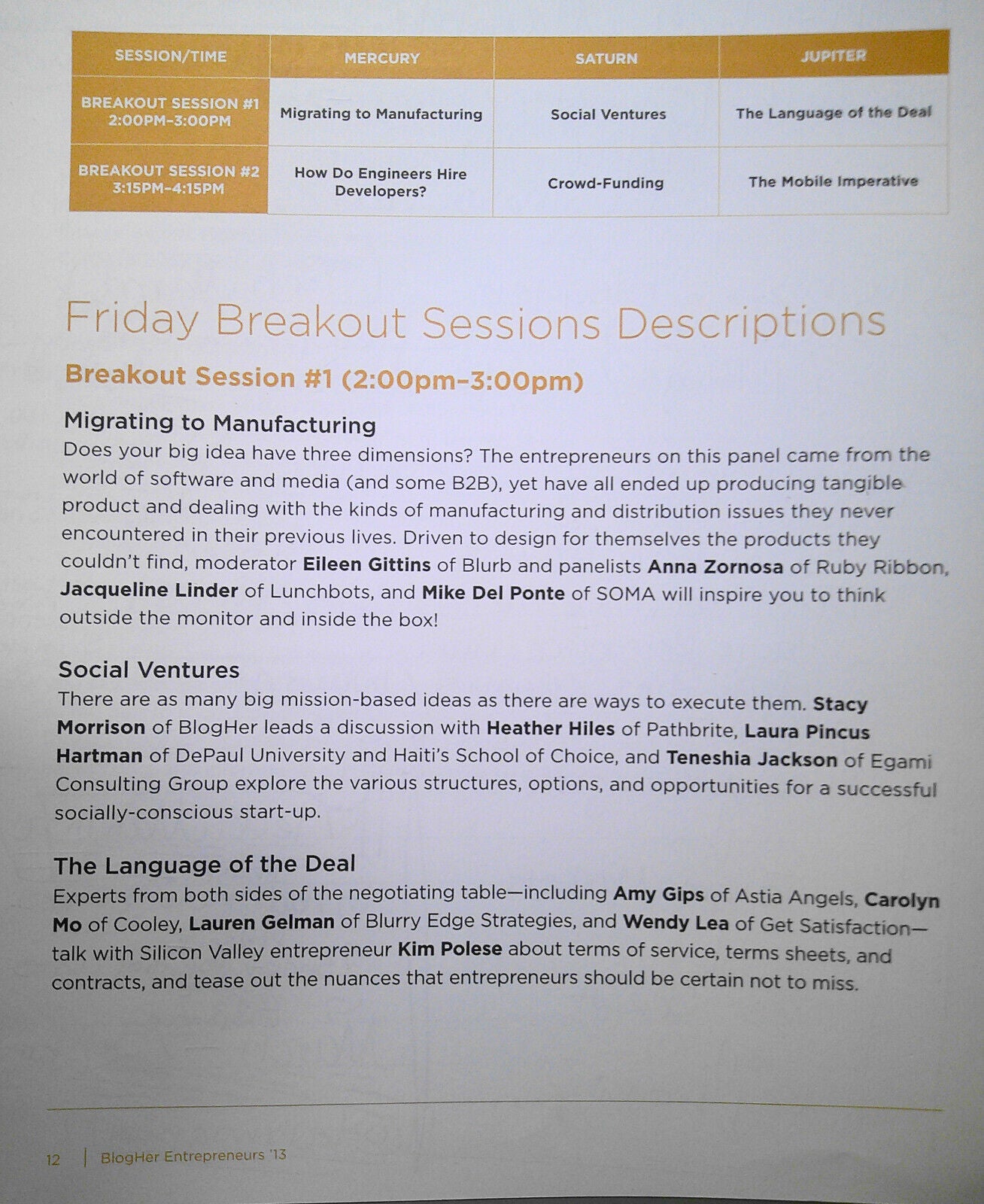 BlogHer Entrepreneurs Conference 2013 program book. Silicon Valley, March 21-23
