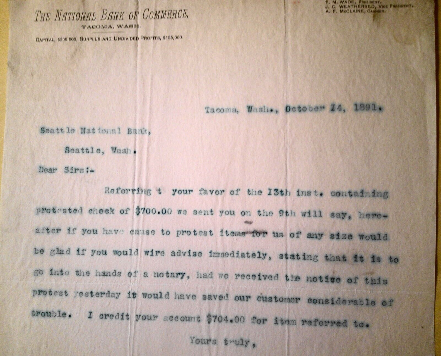 1891  National Bank of Commerce, Tacoma, Washington - letter & response