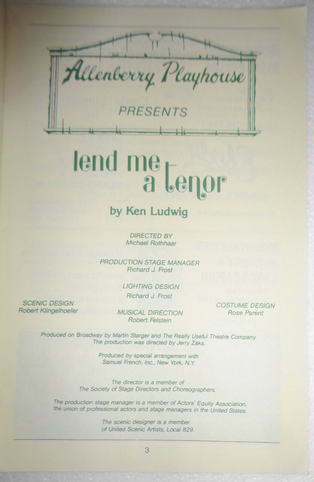 LEND ME A TENOR - Playgoer Theatre Program - PA: Allenberry Playhouse 1991