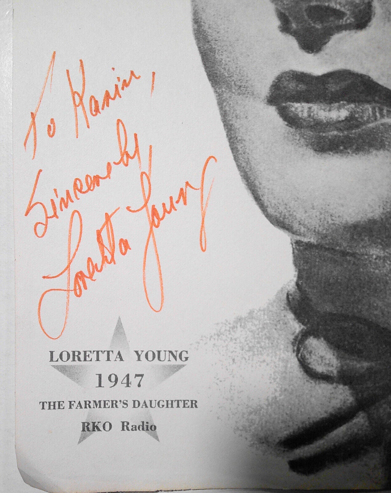Loretta Young original SIGNED and inscribed "The Farmer's Daughter" print 1962