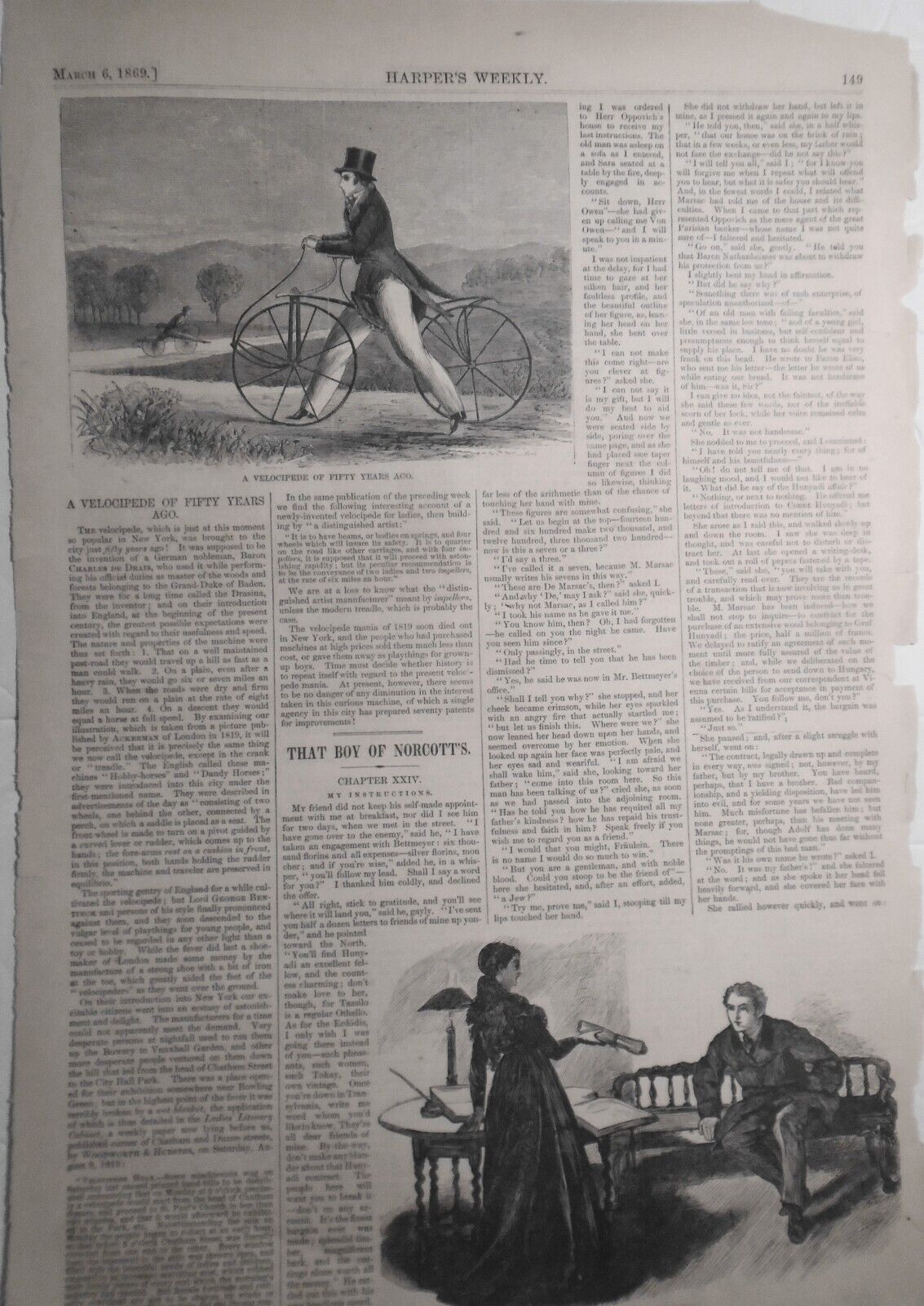 1869 A Velocipede of Fifty Years Ago - original print, Harper's Weekly, March 6