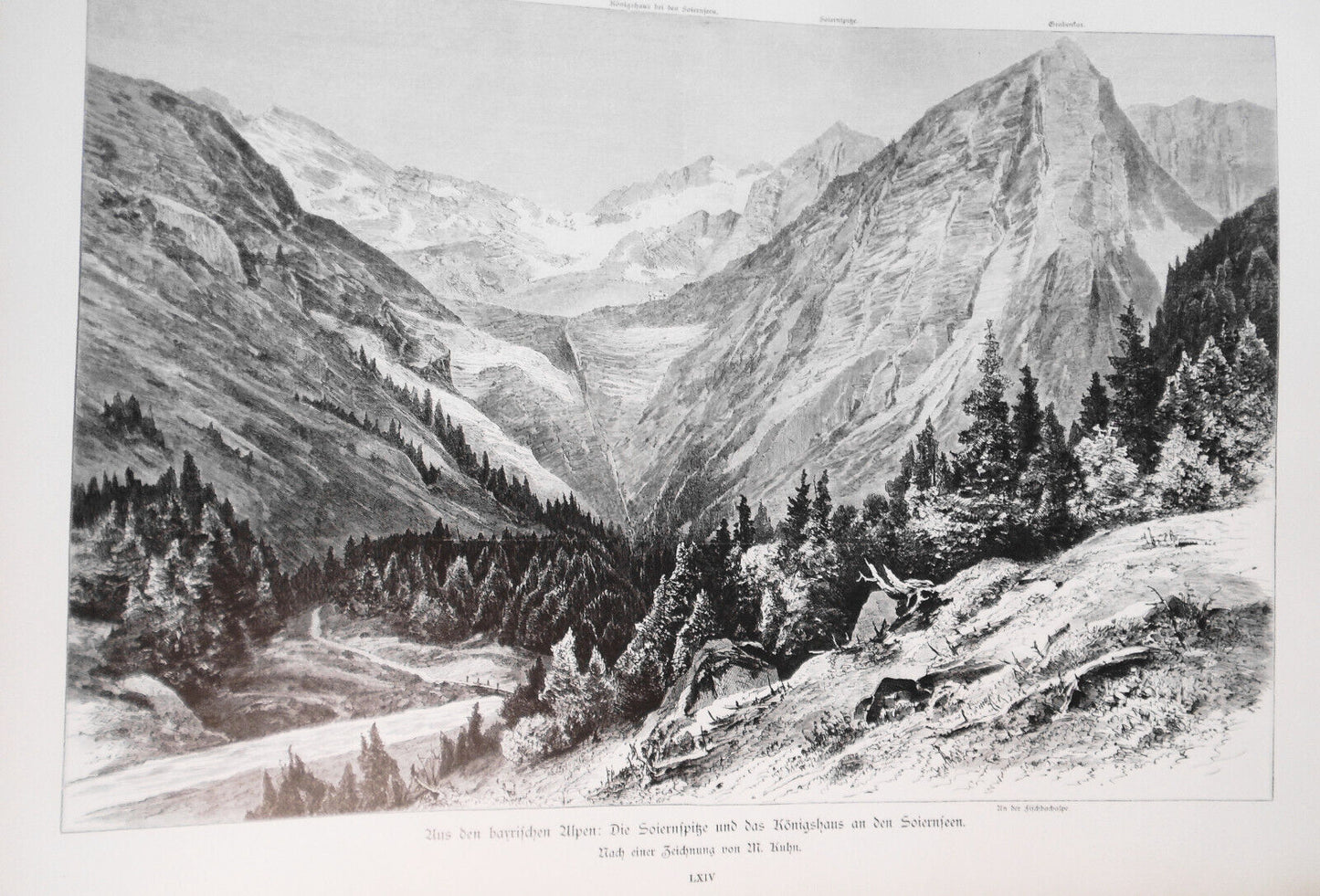 Aus den Bayrischen Alpen, von  M. Kuhn -- 1886 -- Original antique print. 16x11"