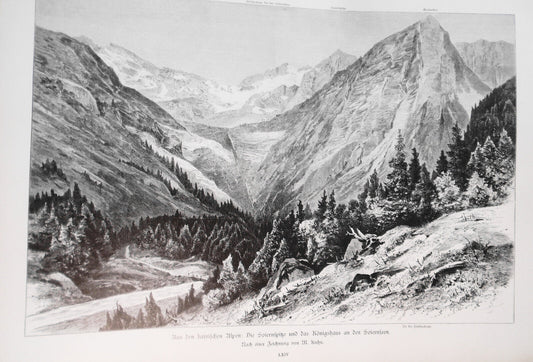 Aus den Bayrischen Alpen, von  M. Kuhn -- 1886 -- Original antique print. 16x11"