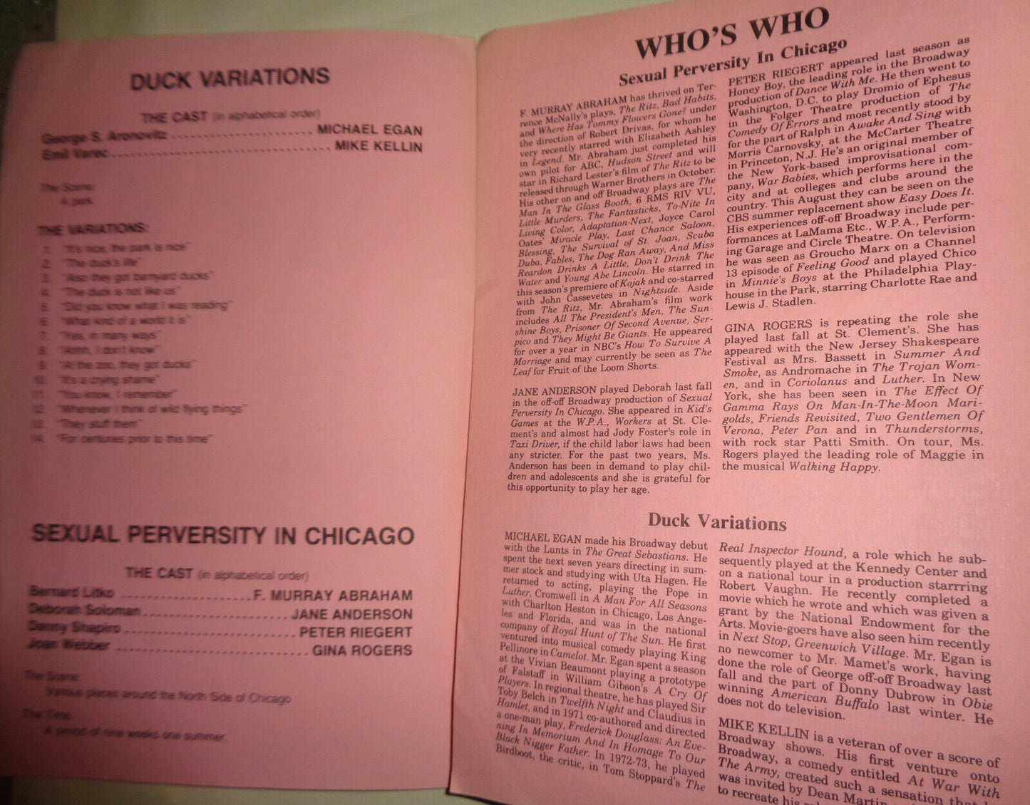 David Mamet SEXUAL PERVERSITY IN CHICAGO & DUCK VARIATIONS - PROGRAM - 1977