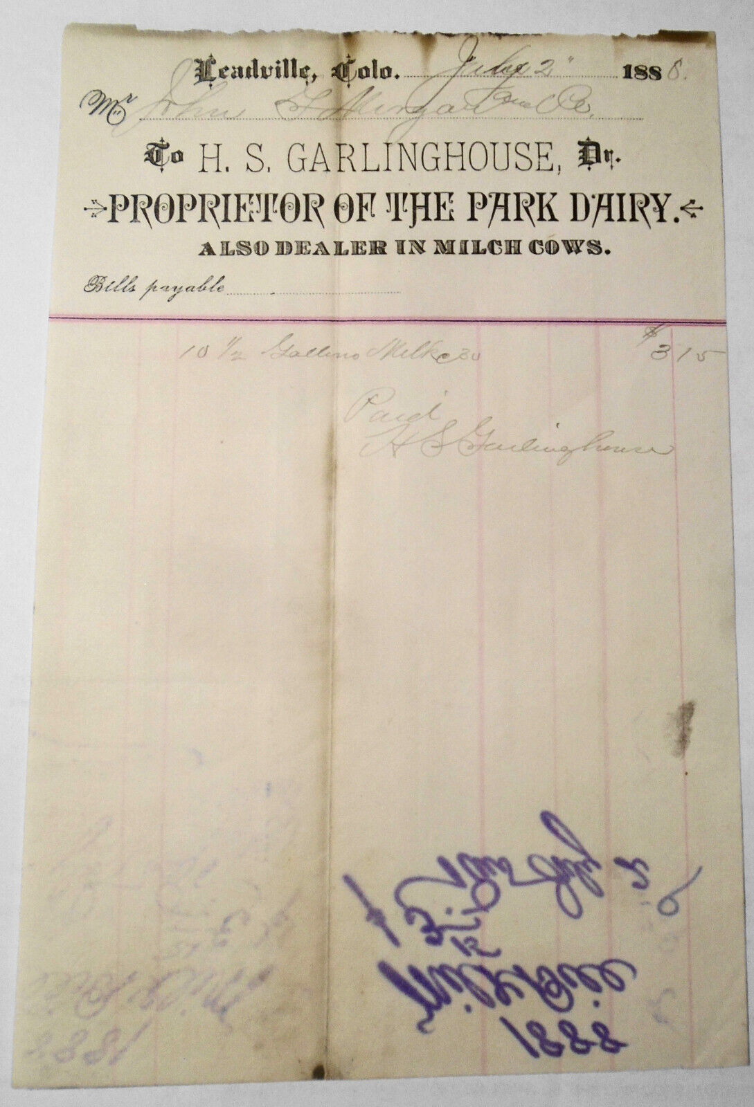 1888 H S Garlinghouse, Park Dairy, Billhead receipt for milk. Leadville Colorado
