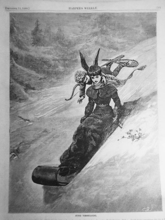 Cupid Toboganning - Harper's Weekly, December 11, 1880. Original print.