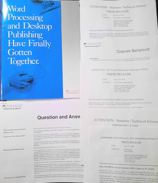 1989 DeScribe Word Publisher for OS/2 - Brochure, press releases & documents