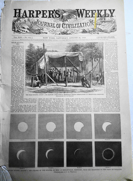 Solar Eclipse 1869 / Harvard Astronomical Expedition - Harper's Weekly 8/28/1869