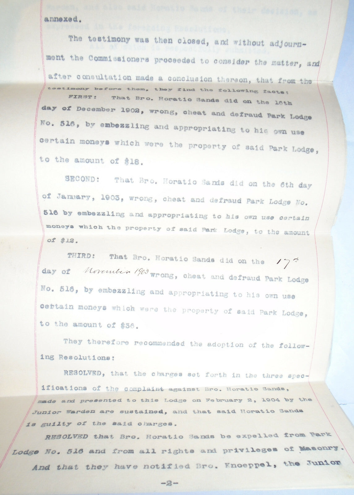 1904 Masonic archive, NYC - Trial & Expulsion of Secretary Sands for Fraud
