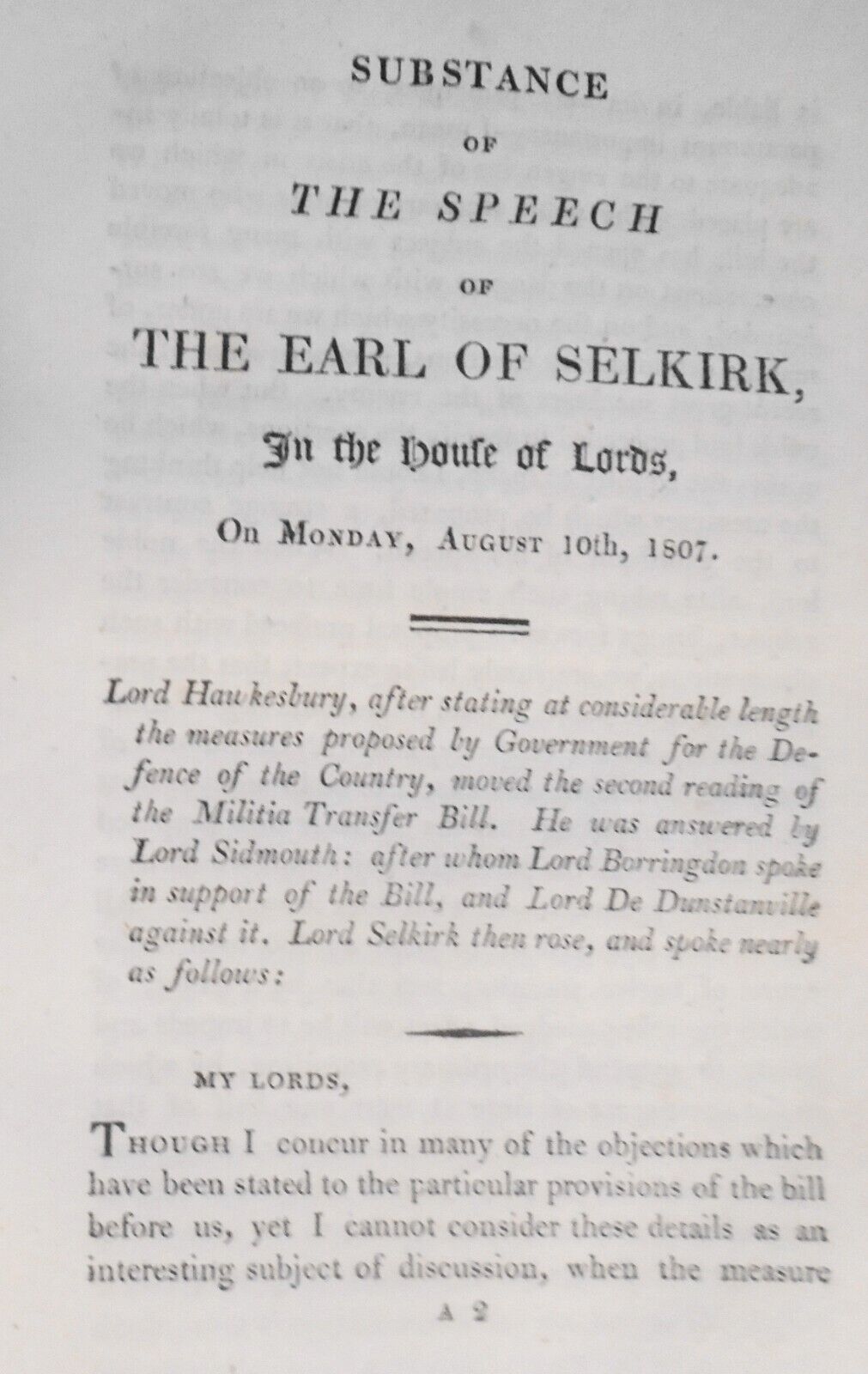 1807 Substance of The Speech of The Earl of Selkirk