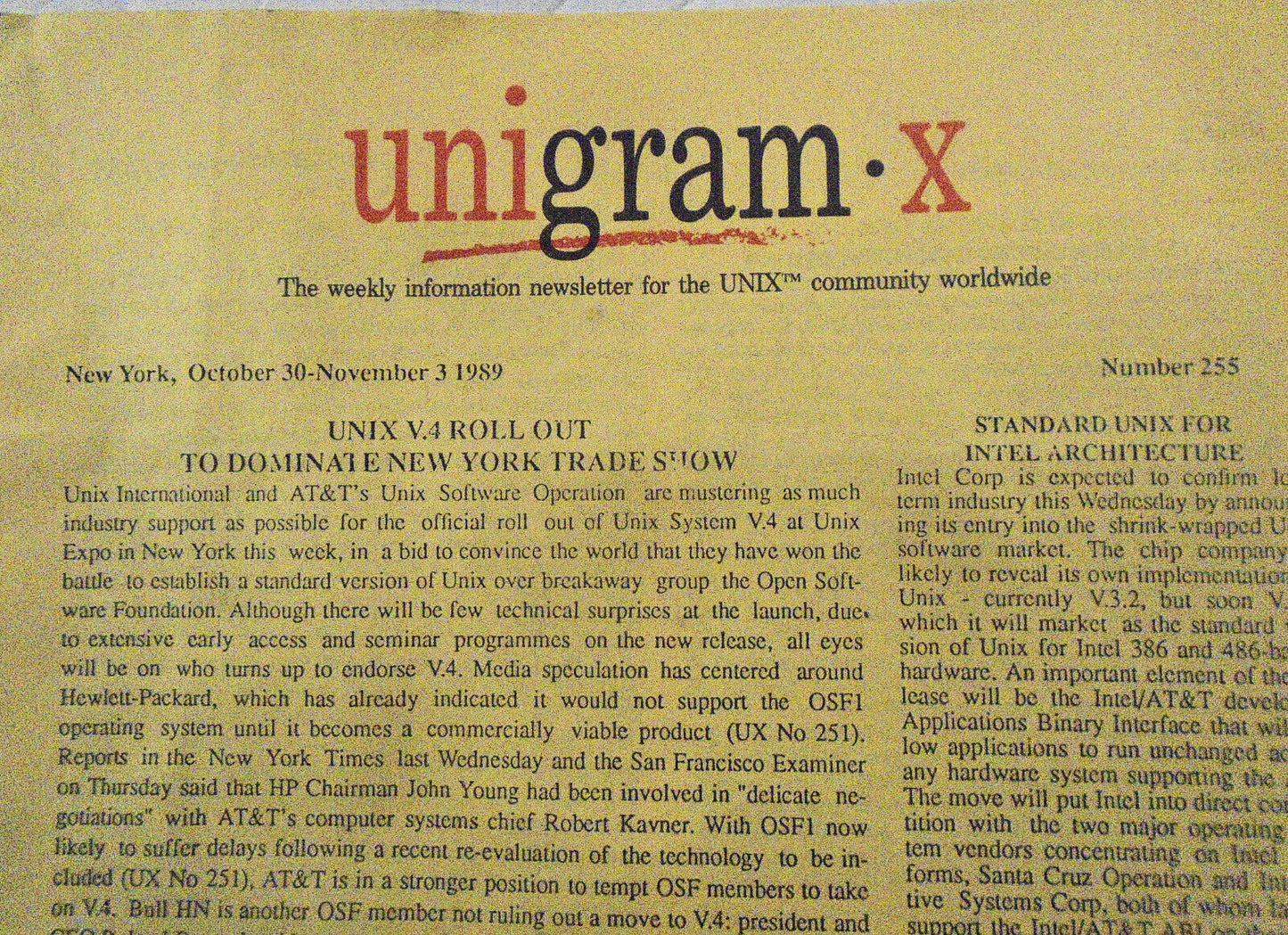 Unigram-X, #255 - Oct 30, 1989 - weekly  newsletter for UNIX community worldwide