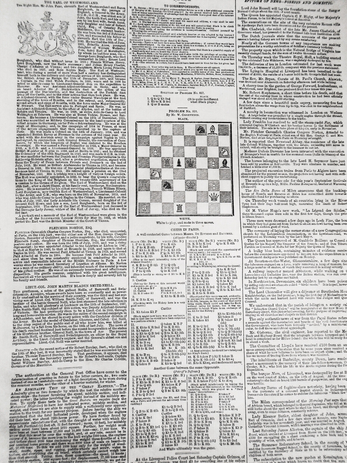 The Illustrated London News, October 22, 1859. Great Eastern; Glasgow Waterworks
