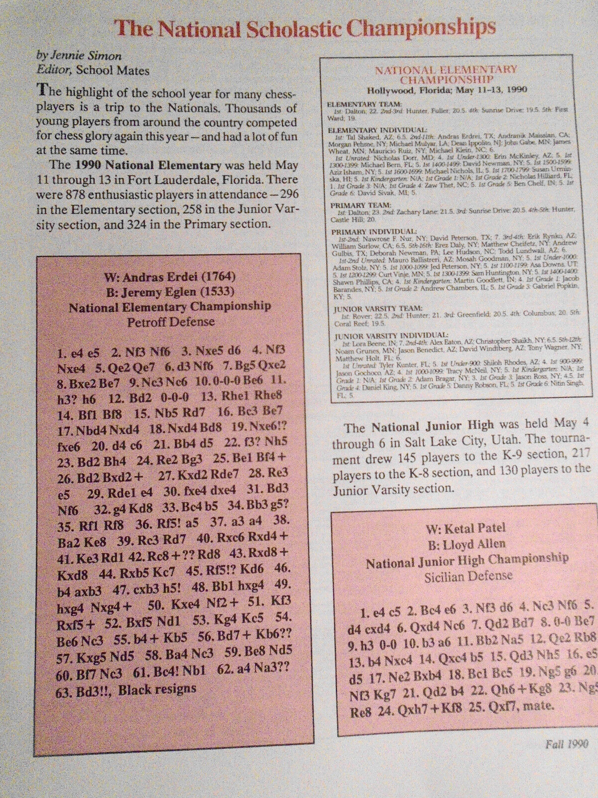 School Mates, Fall 1990 - Magazine for Chess Beginners