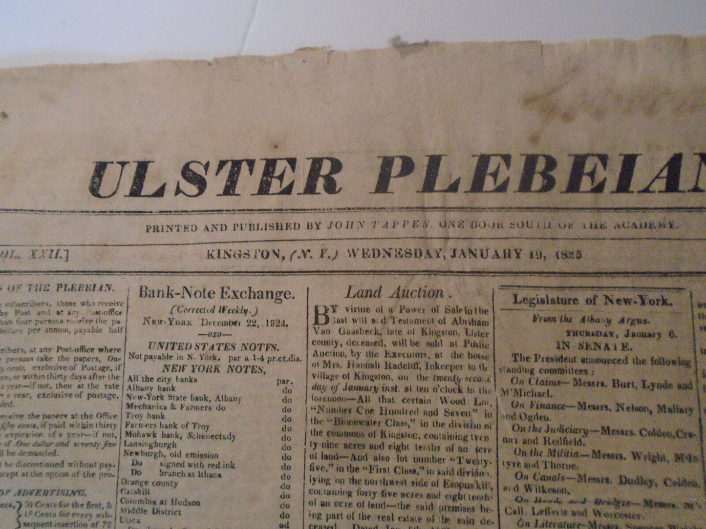 The Ulster Plebeian, January 19, 1825 - New York Governor DeWitt Clinton's copy