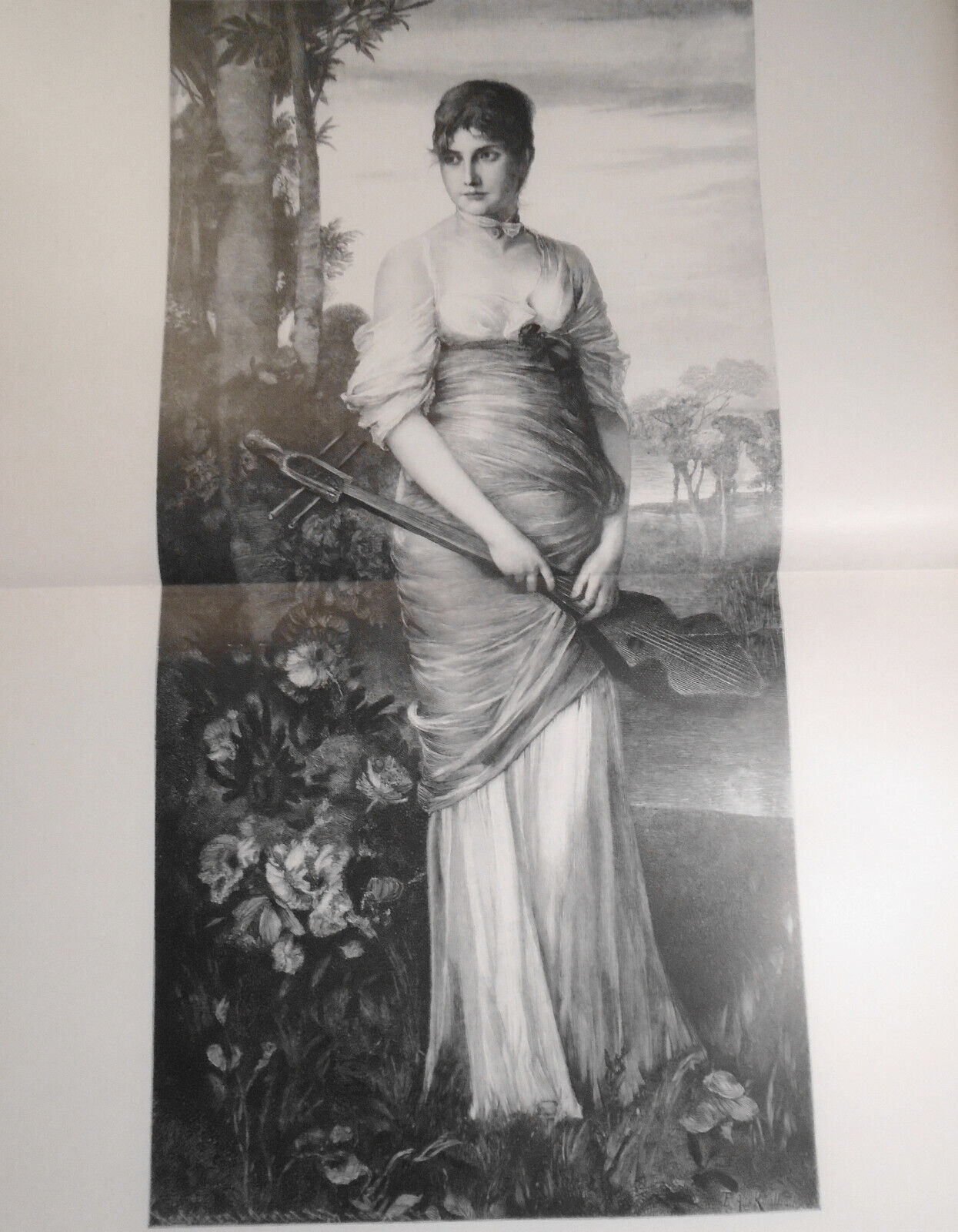 Die Lautenspielerin - nach Gemälde von F A Kaulbach  --  1884 original 22x16 in.