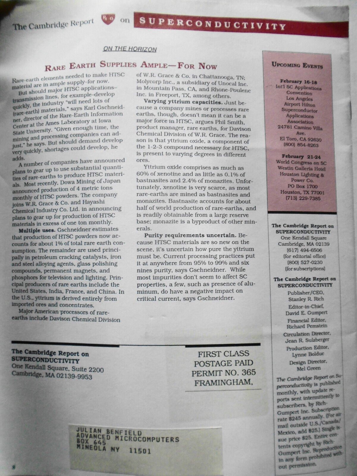 The Cambridge Report on Superconductivity, February 1988. David Gumpert, Editor