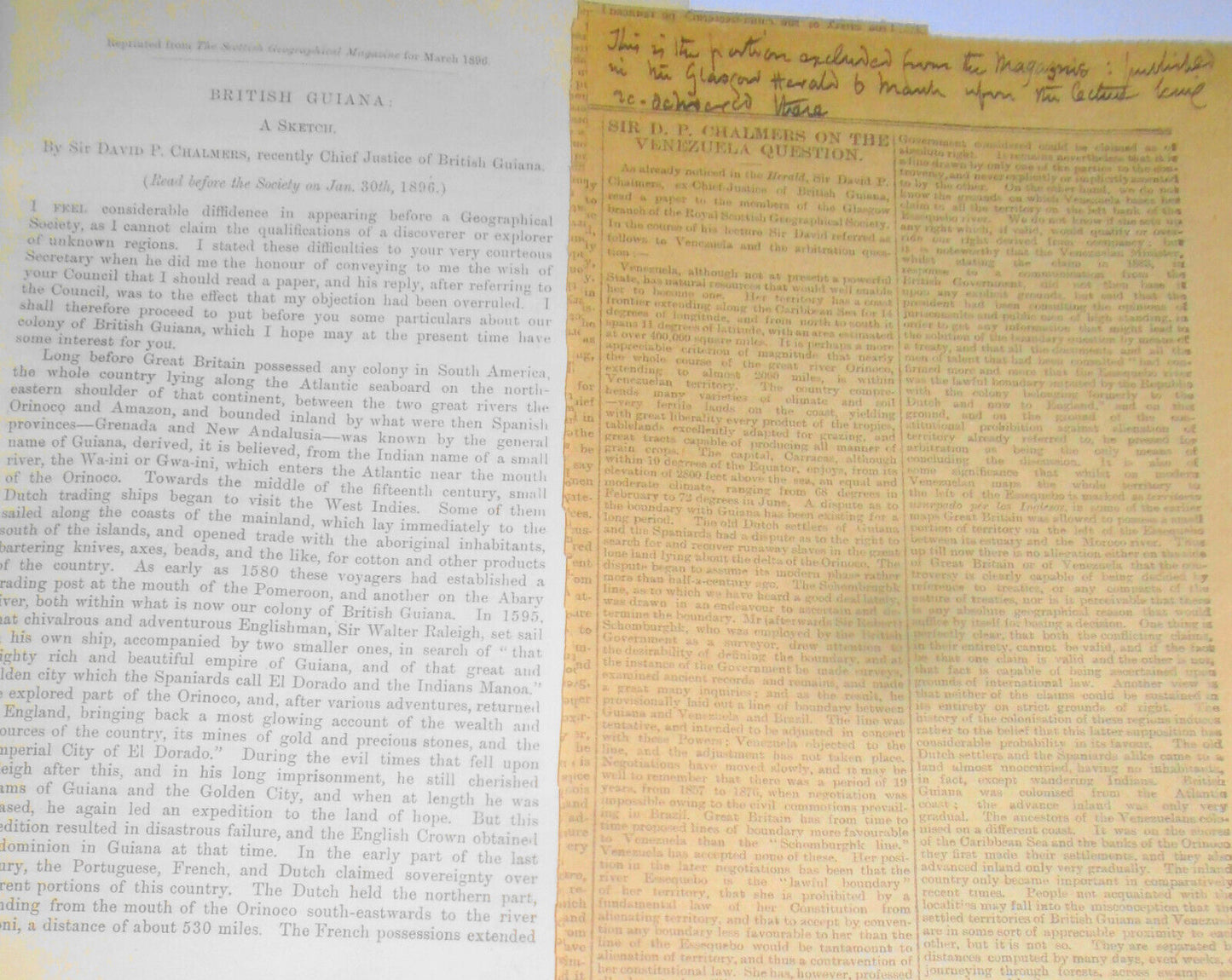 [Guyana] 1896 British Guiana A Sketch by Sir David Chalmers + Venezuela Question