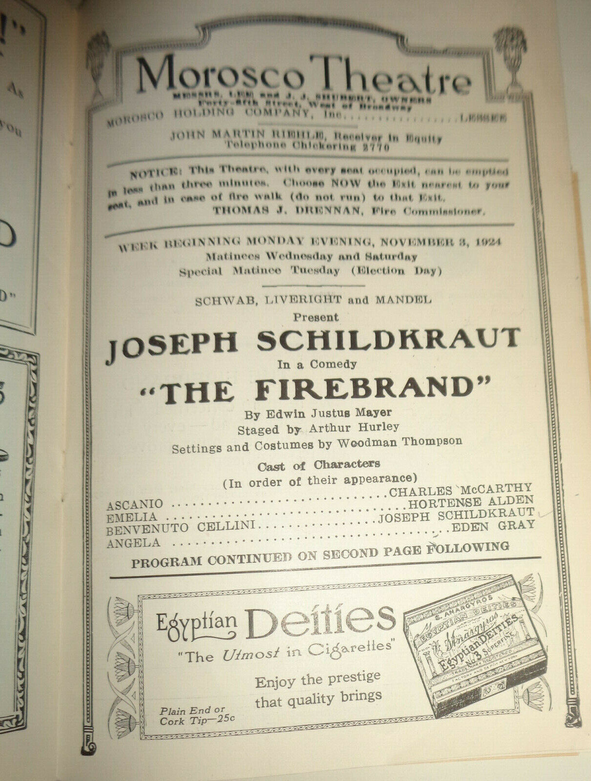 "THE FIREBRAND" - Souvenir Program NEW YORK: MOROSCO THEATRE, 1924.