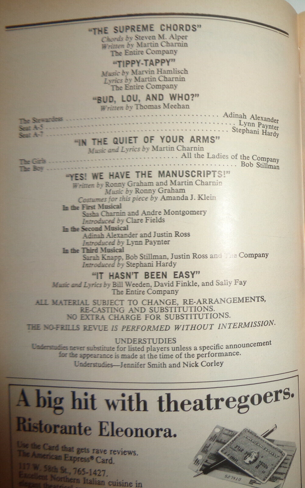 THE NO-FRILLS REVUE - PLAYBILL - JANUARY 1988 - VOL. 88 NO. 1