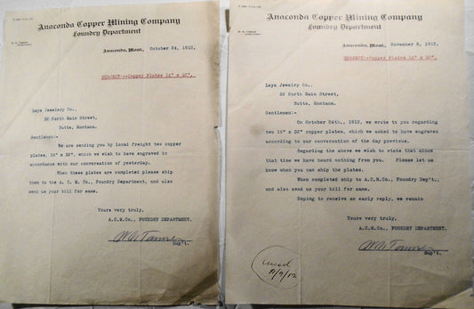 2 1912 letters: Anaconda Copper Mining Company Butte, MT - re: Leys Jewelry Co.