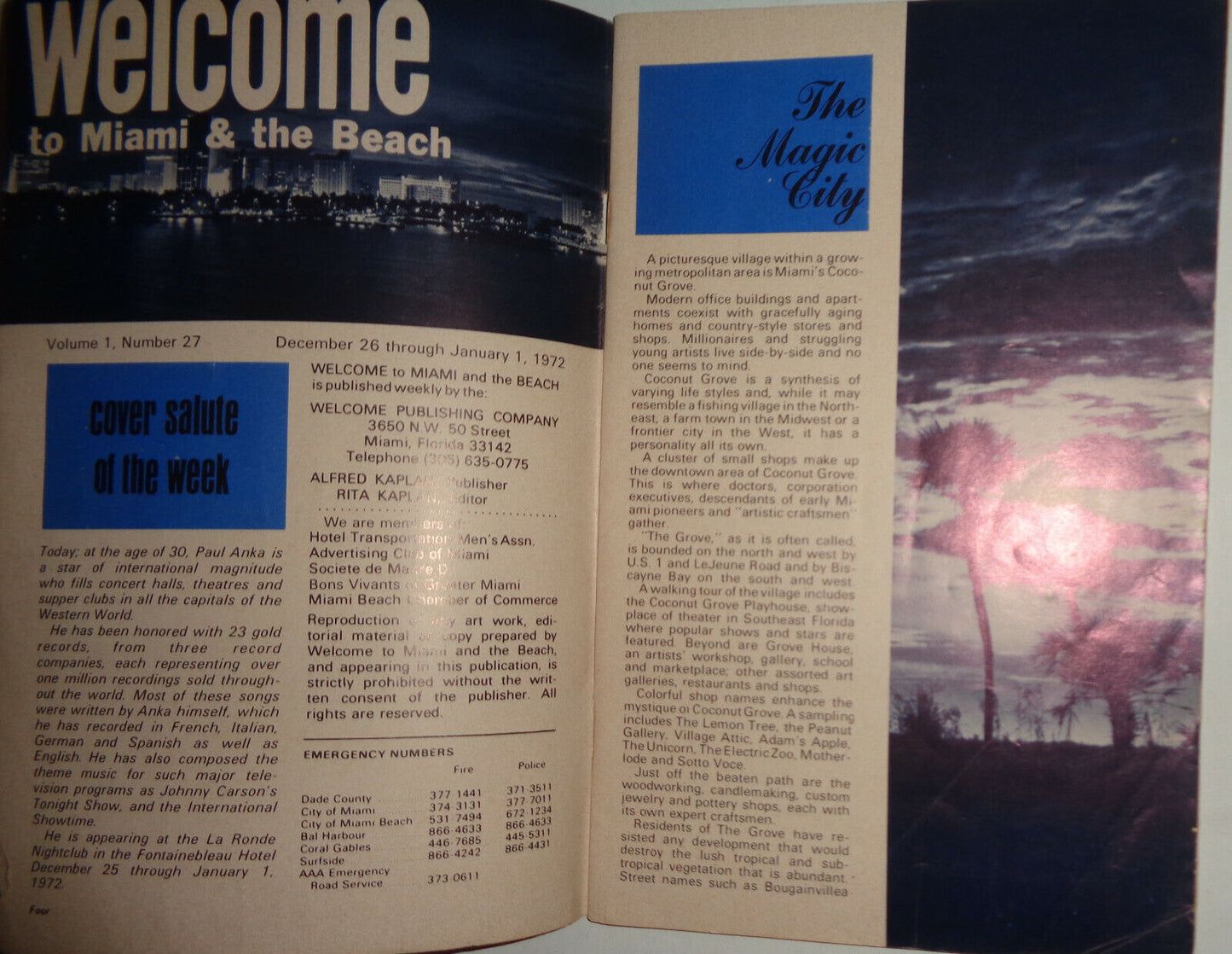 Welcome to Miami & the Beach : December 1972. Paul Anka on cover