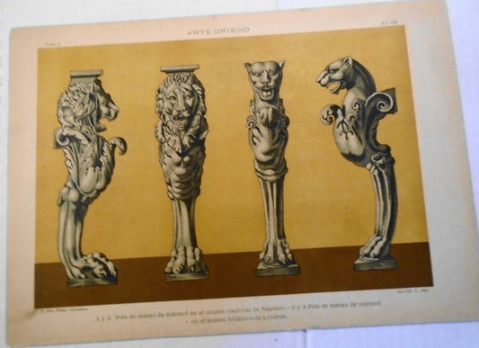Arte Griego: Pies de mesas de marmol...  lithograph ca 1890 by J Aleu, Barcelona