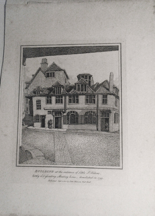 1800 Building at the Entrance of Little St. Helen's. Original engraving.