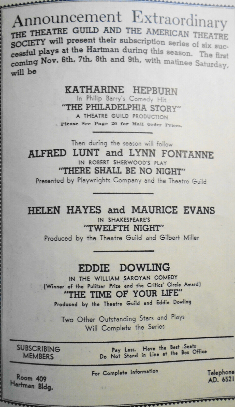 1940 Gertrude Lawrence in Skylark - Hartman Theatre, Ohio + Katharine Hepburn...
