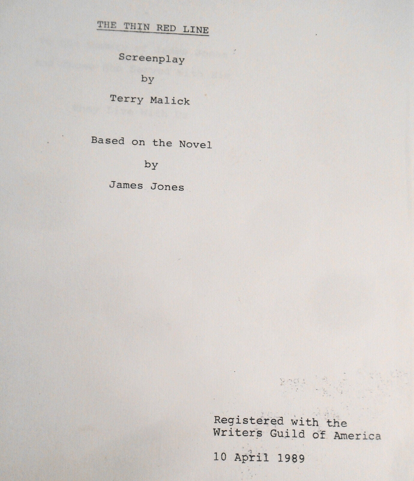 Terrence Malick - the Thin Red Line Screenplay - First Draft 1989. Very Rare