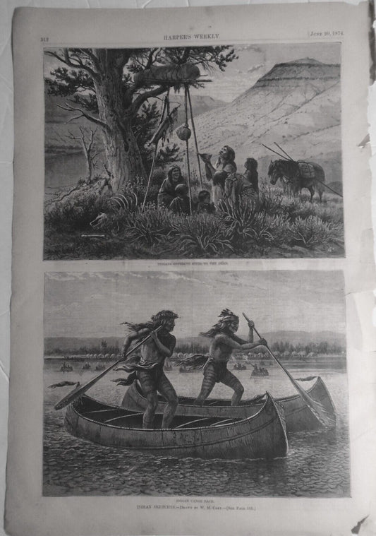 1874  Indian Canoe Race & Indians Offering Gifts to the Dead - 2 original prints