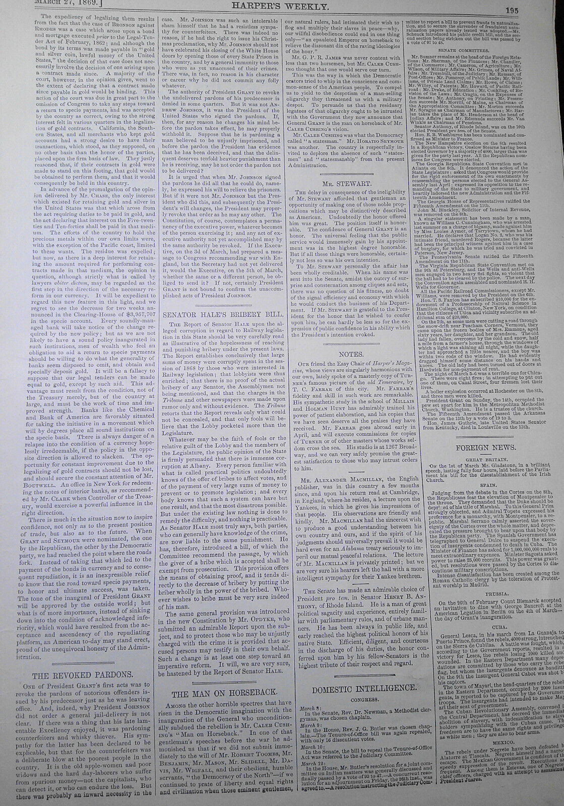 Harper's Weekly March 27, 1869 - Reconstructed cabinet; Arlington Cemetery; etc