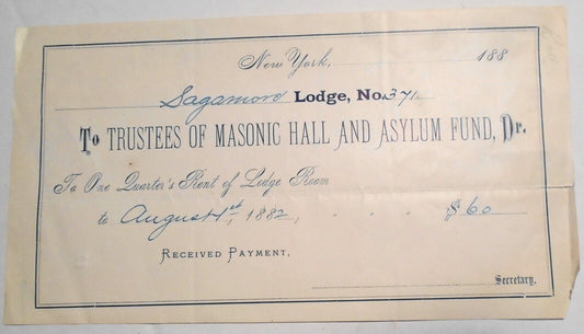 1882 Masonic Lodge Room rent receipt - Sagamore Lodge 371, New York