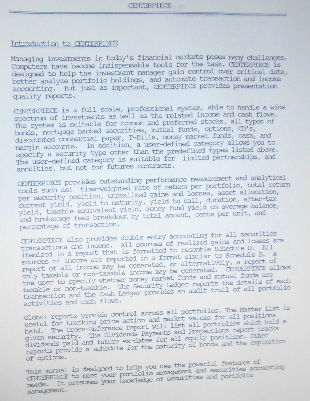 Centerpiece Portfolio Management Software - Trial Program - 1988, for IBM PCs