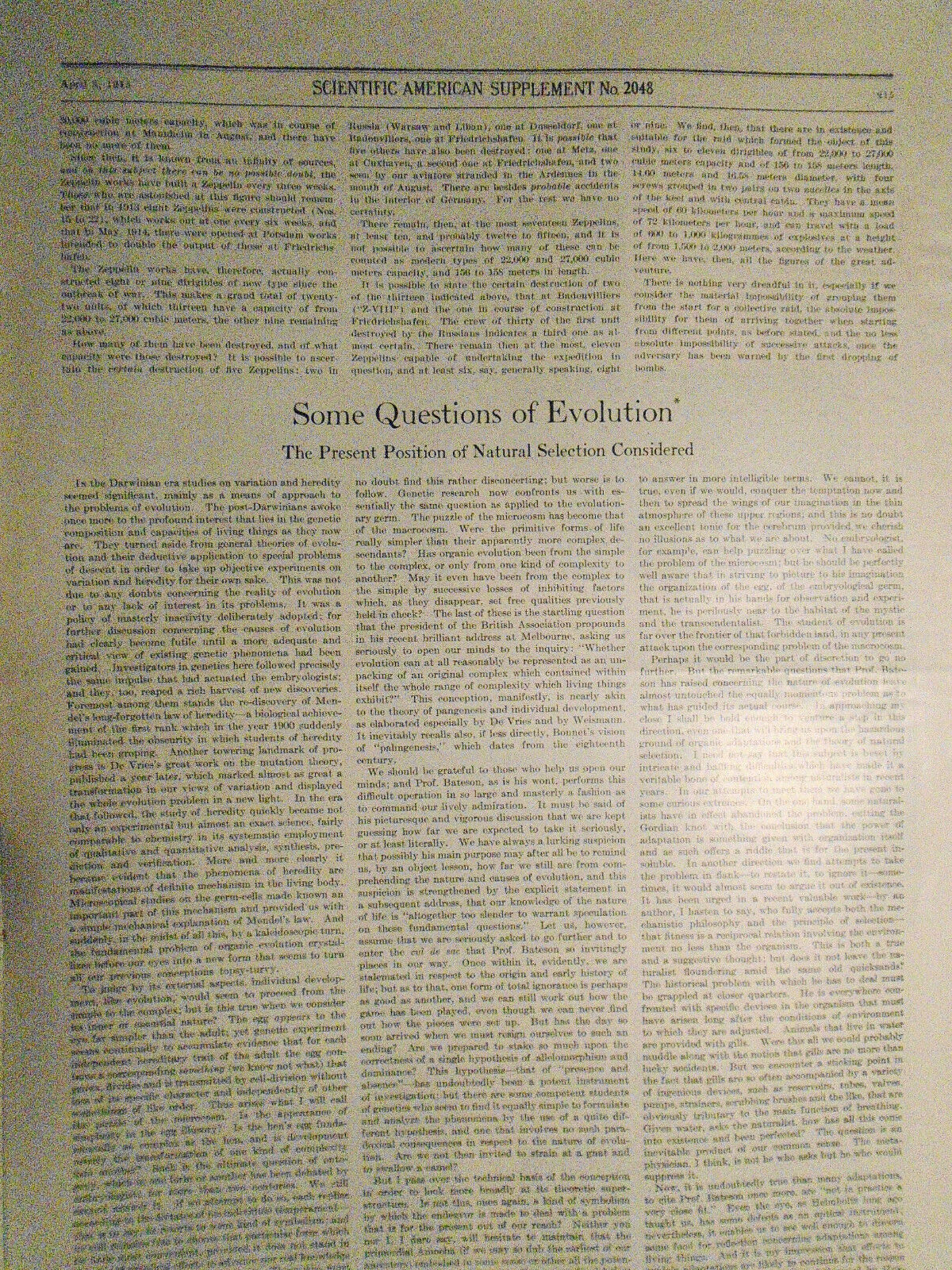 Scientific American Supplement April 3, 1915. Zeppelins; Projectile Photography